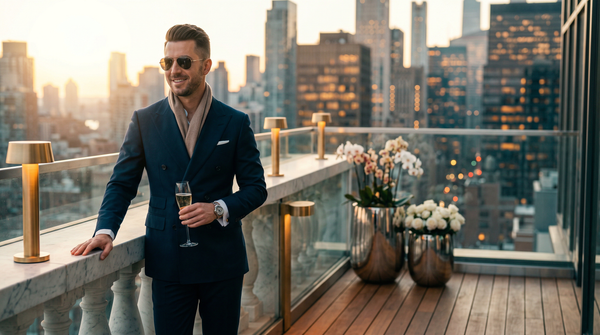 Penthouse golden hour portrait of wealthy man with champagne