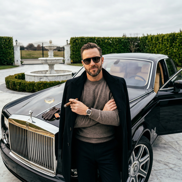 Low-angle portrait by Rolls-Royce with man in Tom Ford attire