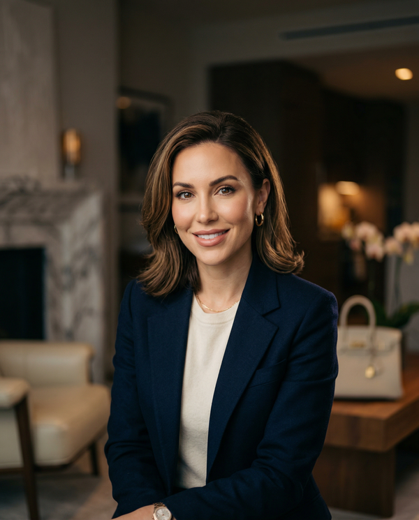 Studio dating portrait of elegant woman with Hermes blazer