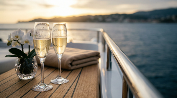 Champagne flutes on superyacht teak railing at sunset