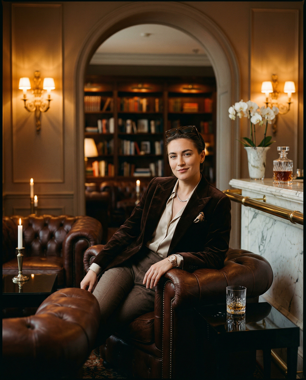 Members-only club lounge portrait, Gucci velvet, Cartier, cognac