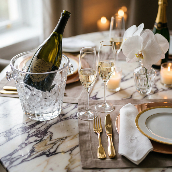 Michelin restaurant table detail, Dom Pérignon, Hermès napkin