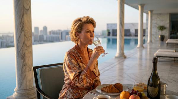 Wealthy woman enjoys luxury breakfast on marble terrace