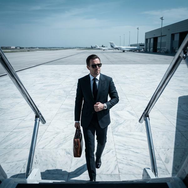 Luxurious private jet runway departure scene