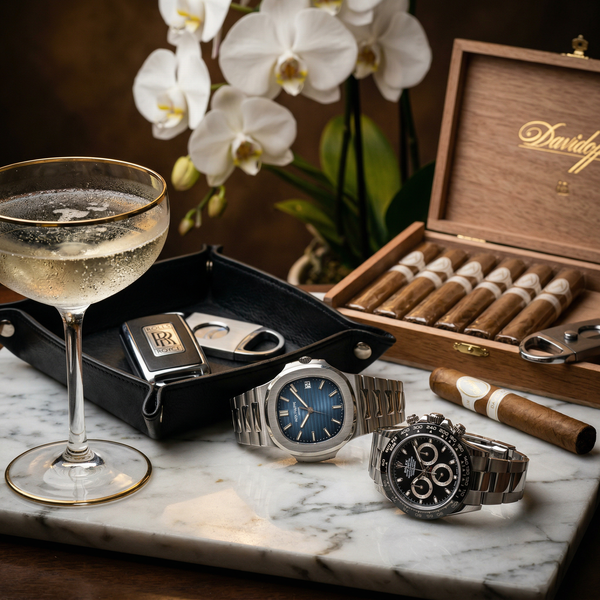 Patek and Rolex on Calacatta marble, Cristal and cigar detail