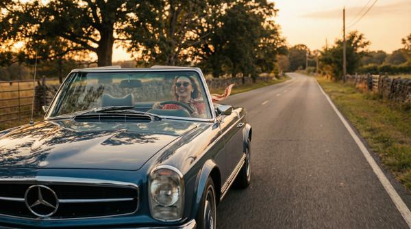 A classic vintage car driving through a scenic, upscale neighborhood.