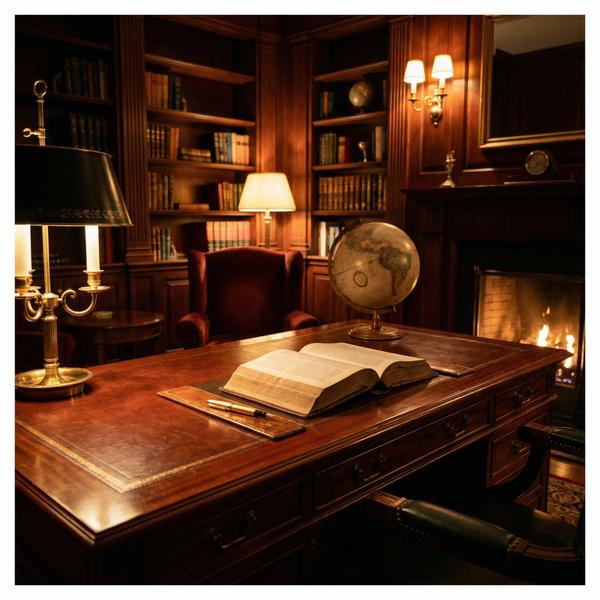 An opulent office study with rich decor and sophisticated furnishings.
