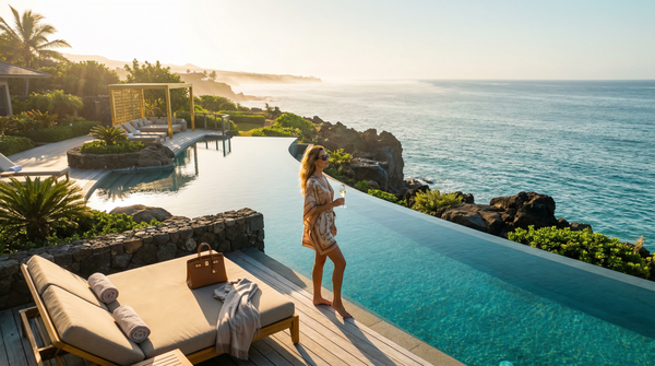 Aerial sunrise of cliffside infinity pool with Hermès-clad woman