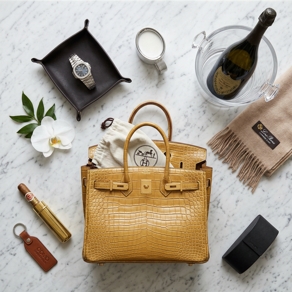Flat-lay marble with Hermès Birkin, Patek, Dom Pérignon, orchid