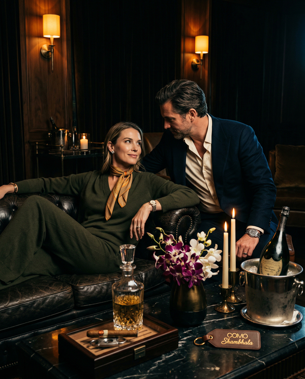 Candlelit members-only spa lounge couple with Dom Pérignon