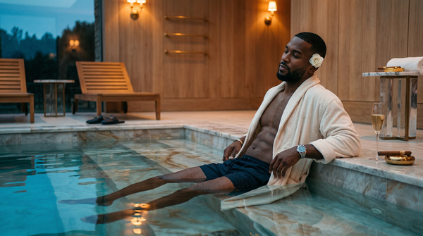 Twilight in-villa plunge pool portrait with Rolex, Cristal, cigar