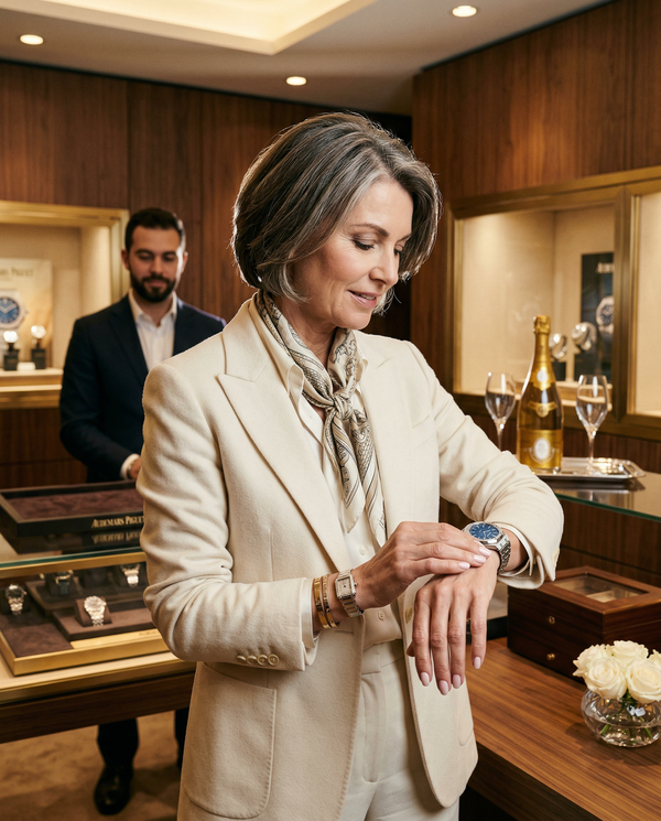 Members-only boutique salon, woman trying on Audemars Piguet Royal Oak