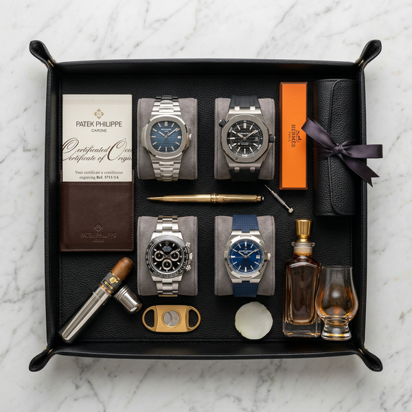 Flatlay leather valet with Patek, AP, Rolex on marble