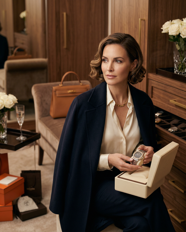 Studio portrait of female collector with Patek and Hermès