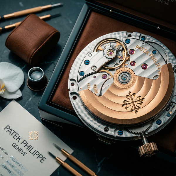 Macro close-up of Patek movement on marble, jewel details