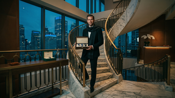 Low-angle penthouse staircase reveal with Patek and Audemars Piguet