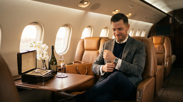 Private jet watch try-on with Rolex and Patek on walnut table