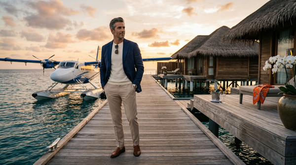 Golden hour Maldives villa with seaplane and wealthy man