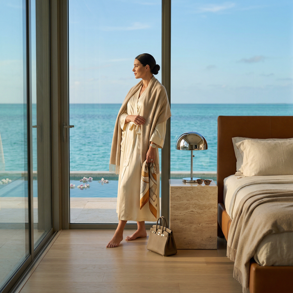 Sunrise bedroom in Maldives villa with Hermès robe and ocean view