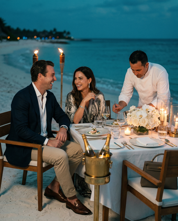Twilight private beach dinner couple with Cristal and Michelin chef