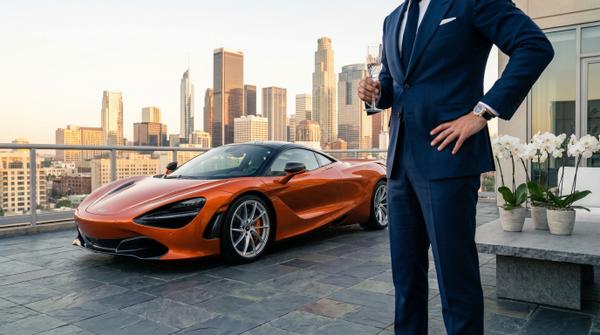 McLaren 720S parked at dawn near a luxury penthouse with stunning views.