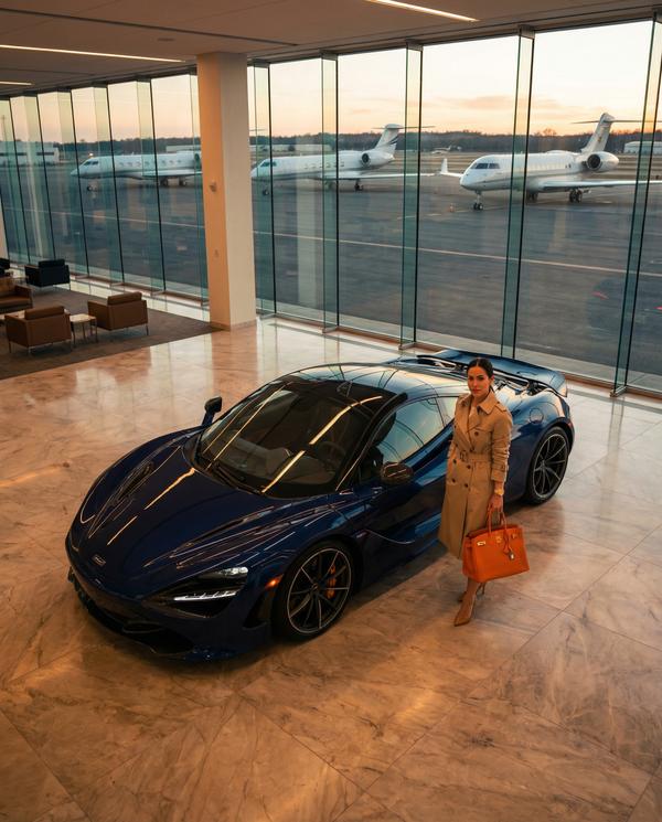 Glamorous private jet at terminal featuring the sleek McLaren 720S nearby.