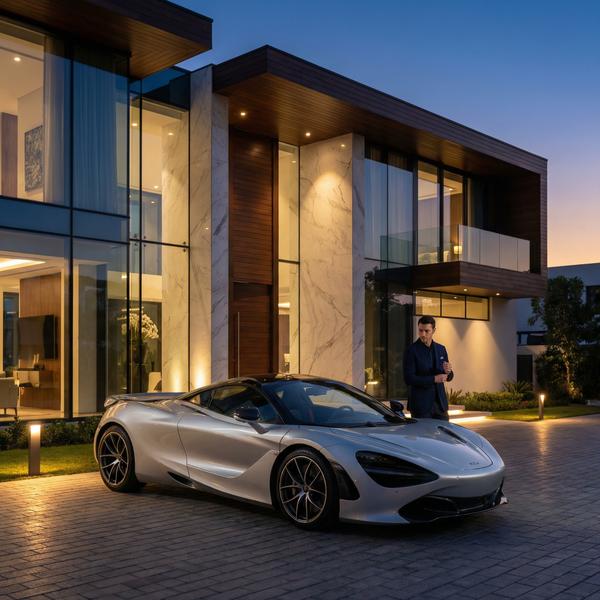 Twilight scene of a modern villa with a McLaren 720S exuding sophistication.