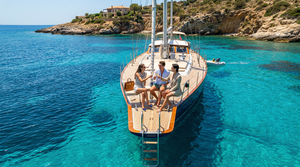 Aerial yacht anchored in turquoise Mediterranean bay with guests