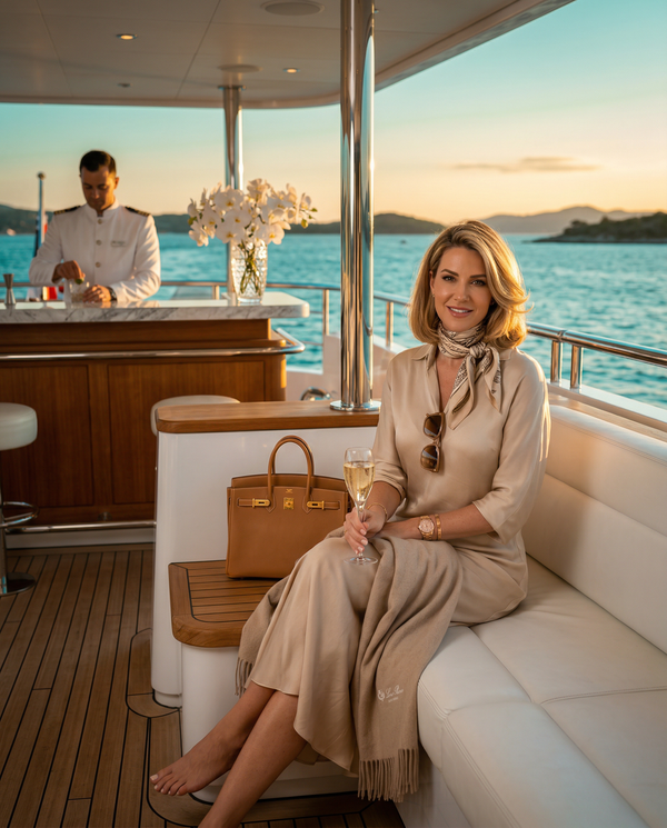 Elegant woman in Brunello Cucinelli on yacht aft at sunset