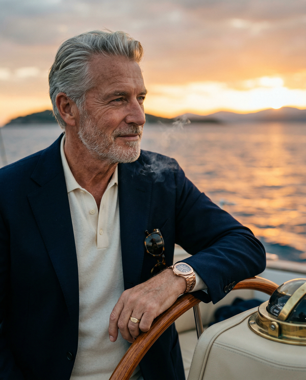 Portrait of yacht owner at helm with Patek at sunset