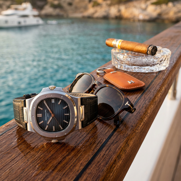 Patek Philippe on teak rail with sunglasses and cigar