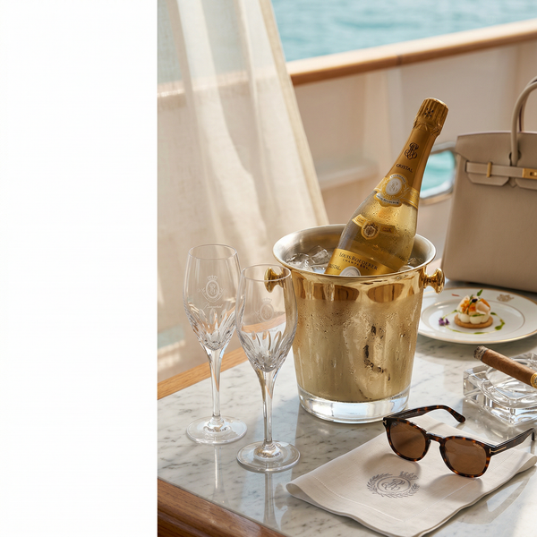 Cristal Champagne and Hermès on marble yacht table detail