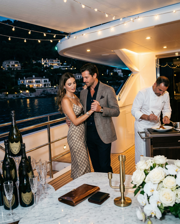 Night deck party on luxury yacht with guests and Michelin chef