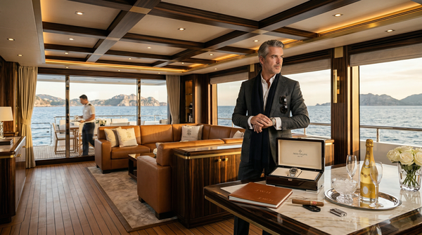 Luxury yacht salon with Tom Ford-clad owner and marble table