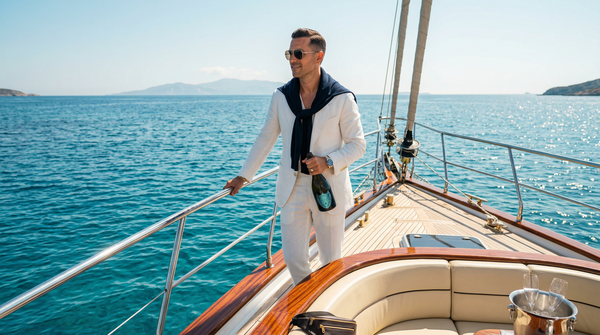 Wealthy man on yacht bow with turquoise Mediterranean sea