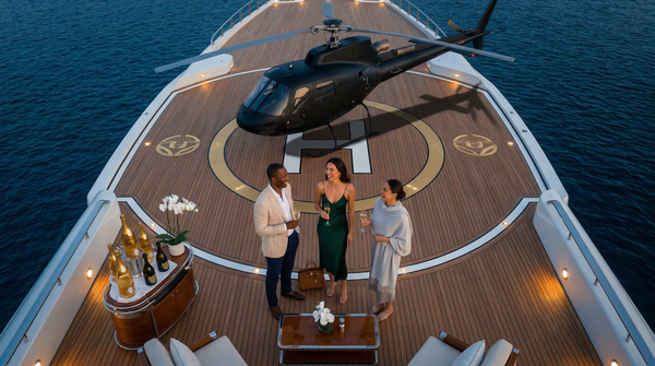 Aerial overhead megayacht helipad party with Dom Pérignon and helicopter