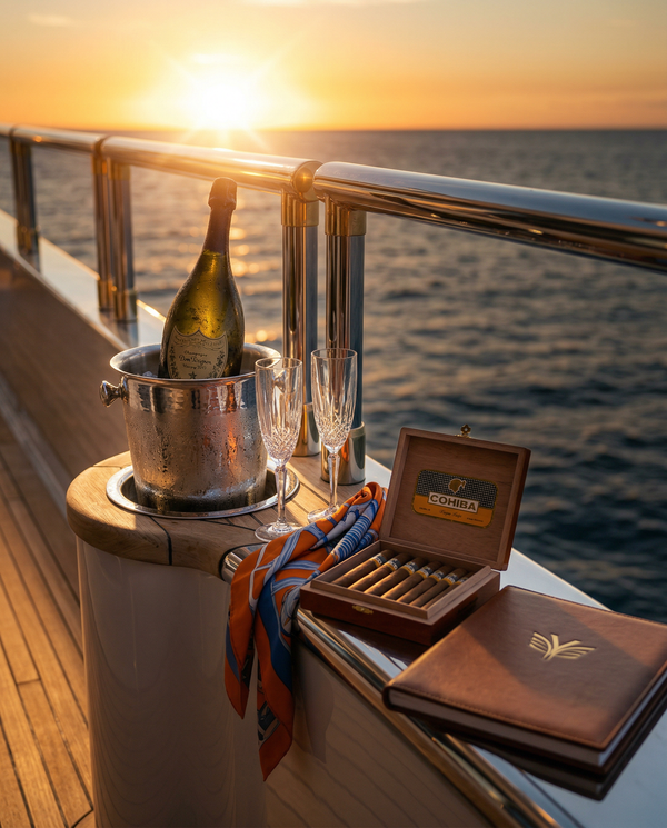 Dom Pérignon and crystal flutes on megayacht helipad railing at sunset