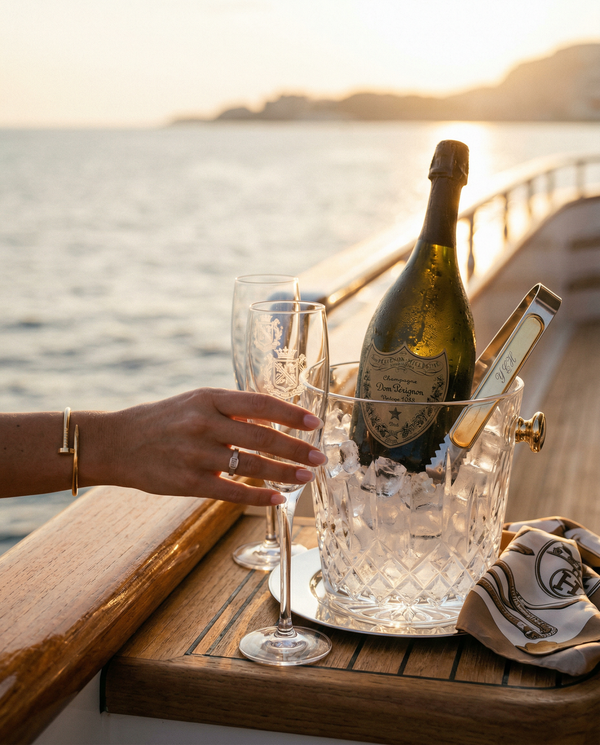 Dom Pérignon on teak rail with crystal flutes and Cartier bracelet