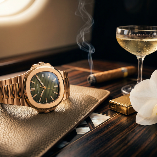 Patek watch on Hermès leather on Macassar ebony helipad console