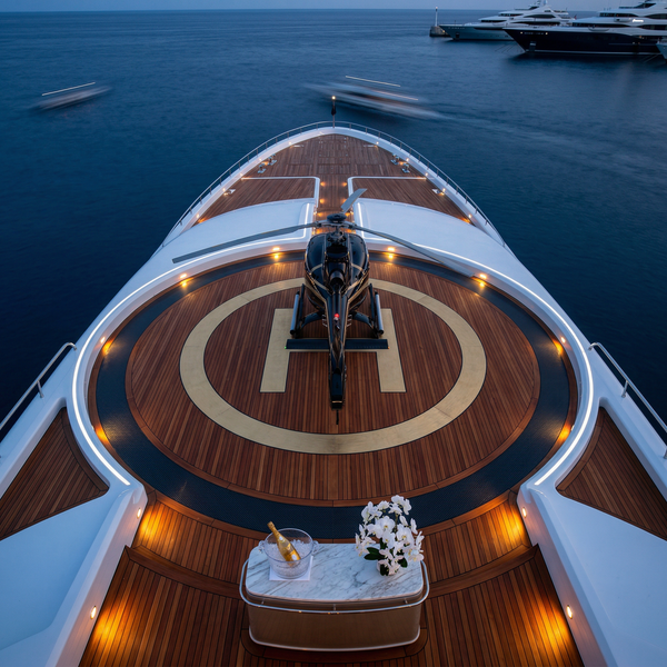 Wide overhead twilight megayacht helipad with champagne and orchids