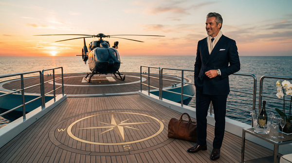 Golden-hour megayacht helipad with Tom Ford suited owner