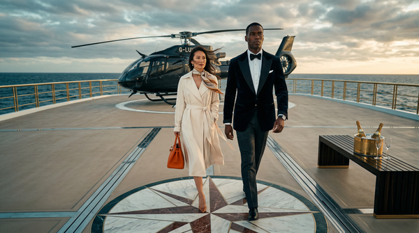 Low-angle megayacht helipad approach with tuxedo-clad billionaire couple