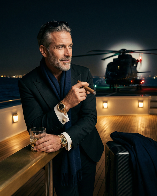 Night portrait on megayacht helipad with cigar and Rolex, Tom Ford