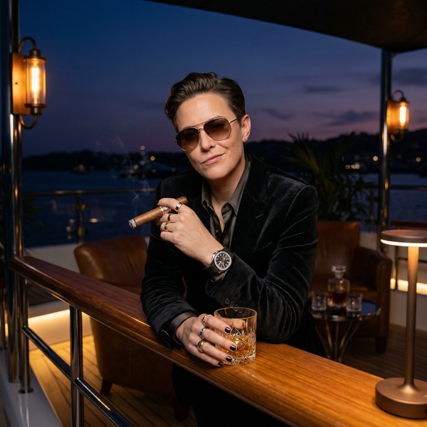 Night megayacht helipad lounge with Gucci-clad figure and cigar