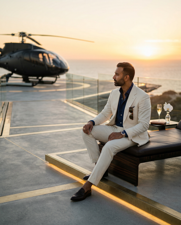 Seated Tom Ford–suited owner on helipad gazing at golden ocean horizon