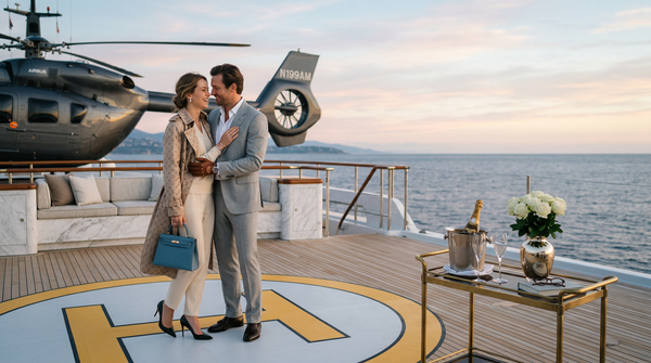 Couple embracing on megayacht helipad at dawn, Louis Vuitton and Tom Ford