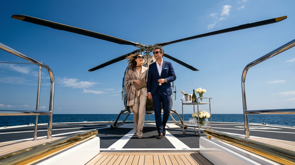 Wealthy couple stepping from helicopter onto megayacht helipad, midday