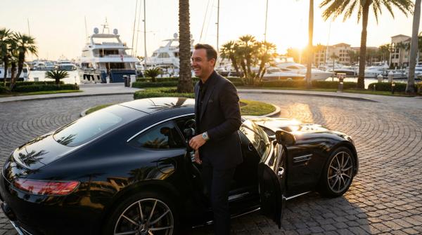 Luxury Mercedes AMG GT cruising during golden hour near a yacht.