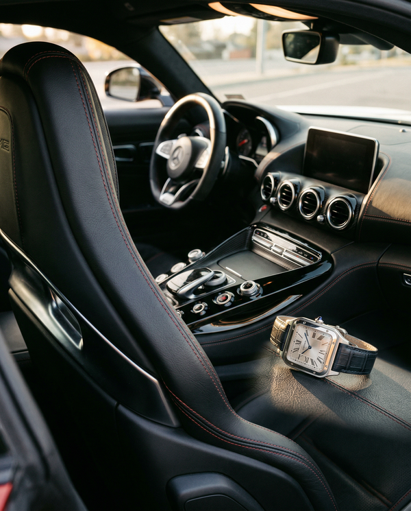Detail shot of Mercedes-AMG GT's interior with Cartier watch