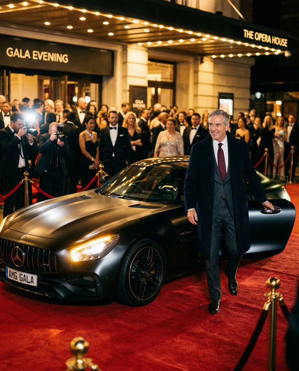 Mercedes-AMG GT at evening gala with luxury fashion